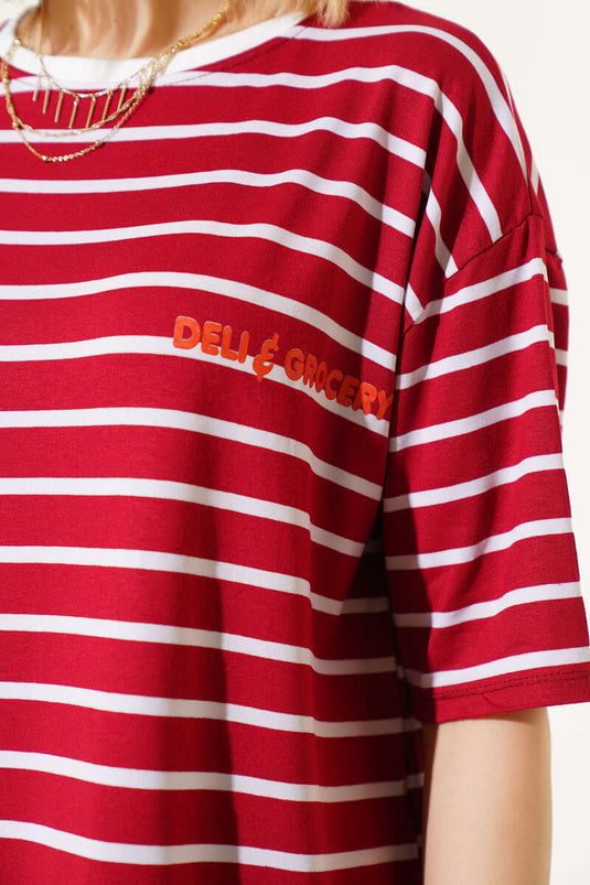 Gestreept T-shirt met print in bordeauxrood