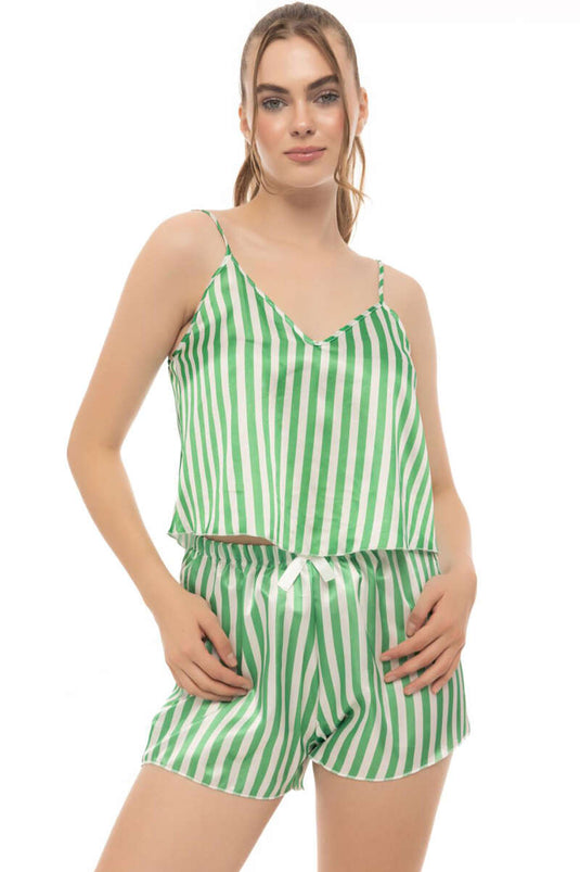 طقم بيجامة ساتان مخطط بأشرطة خضراء