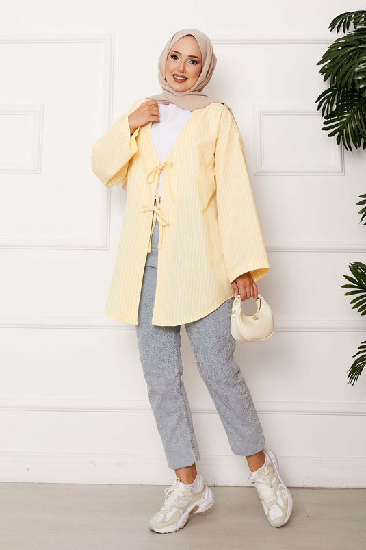 Kimono rayé en dentelle jaune