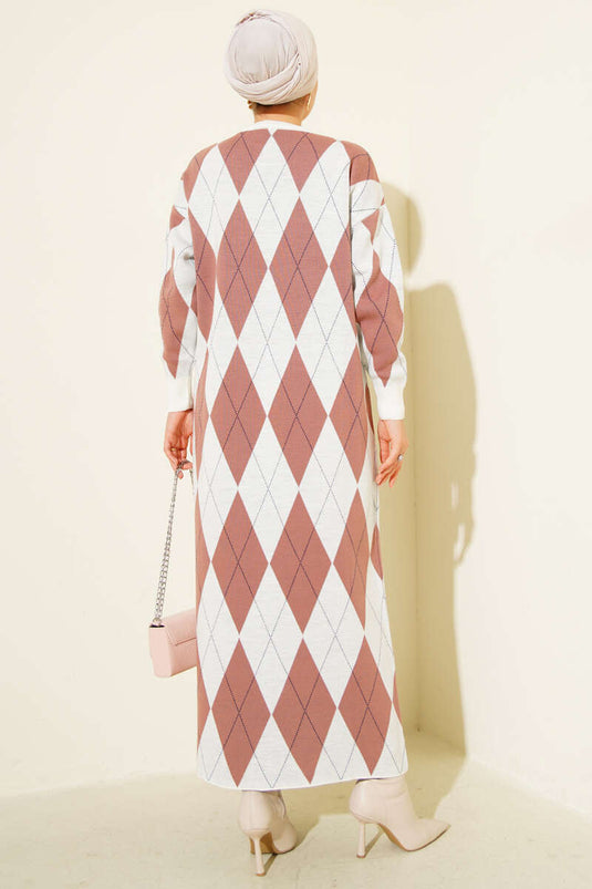 Robe en maille à rayures et motifs losanges Rose poudré