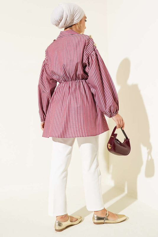 تونيك مخطط بأكمام واسعة وخصر مطاطي، لون عنابي