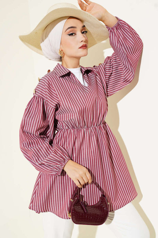 تونيك مخطط بأكمام واسعة وخصر مطاطي، لون عنابي