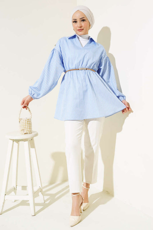 Çizgili Balon Kol Bel Lastikli Tunik Mavi