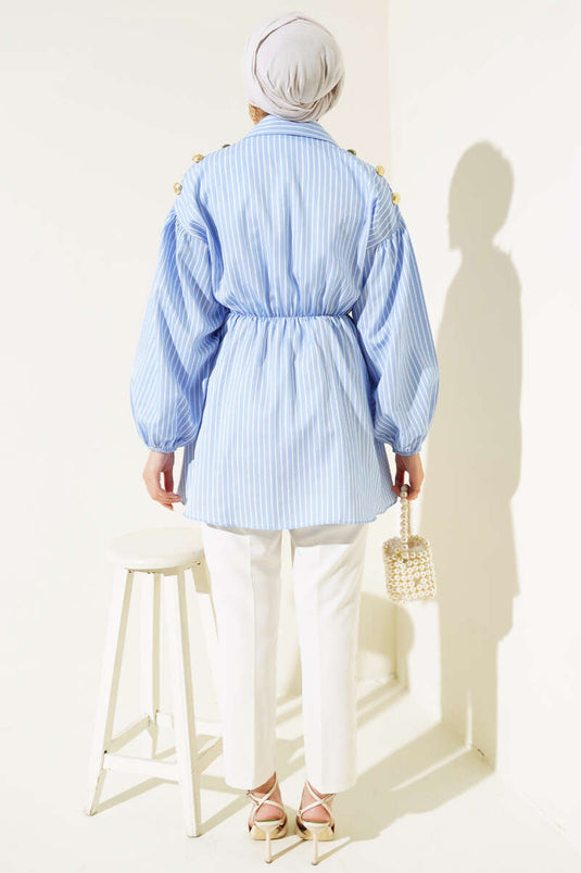 Çizgili Balon Kol Bel Lastikli Tunik Mavi