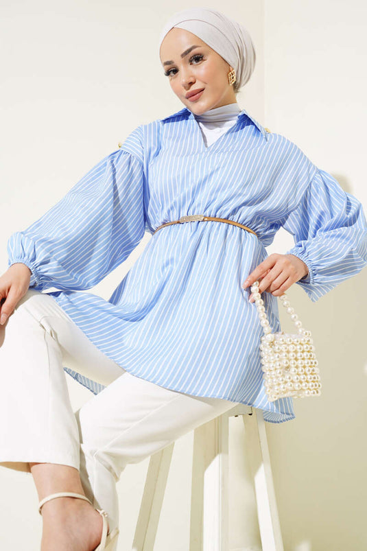 Çizgili Balon Kol Bel Lastikli Tunik Mavi