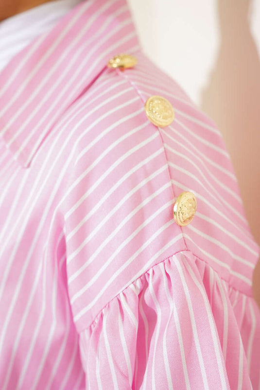 تونيك مخطط بأكمام منفوخة وخصر مرن باللون الوردي