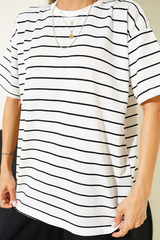Çizgili Basic Oversize T-shirt Beyaz