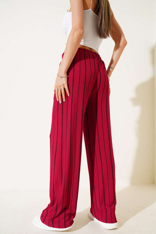 Gestreifte Crêpe-Hose mit elastischem Bund, Kirsche