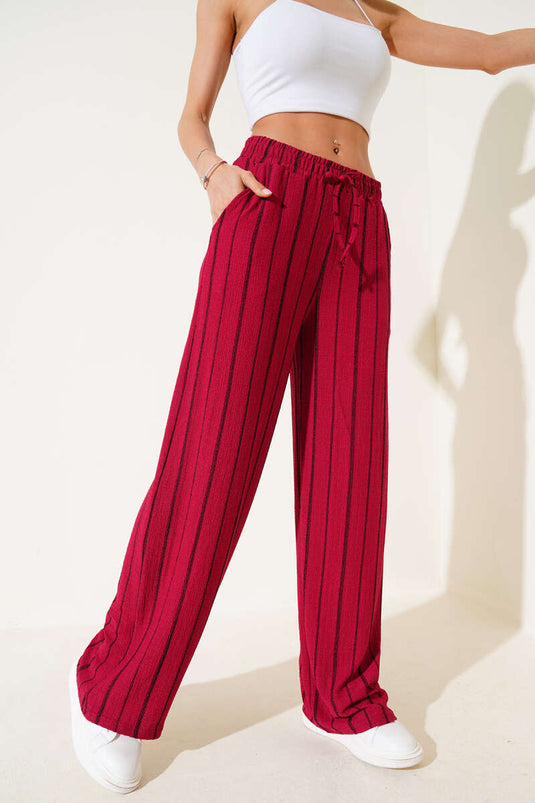 Gestreifte Crêpe-Hose mit elastischem Bund, Kirsche