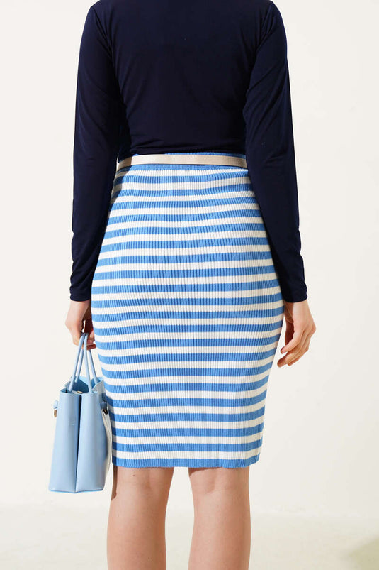 Striped Elastic Waist Knit Midi Skirt Indigo