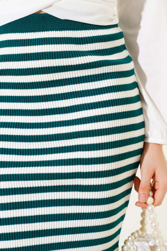 Striped Elastic Waist Knit Midi Skirt Emerald