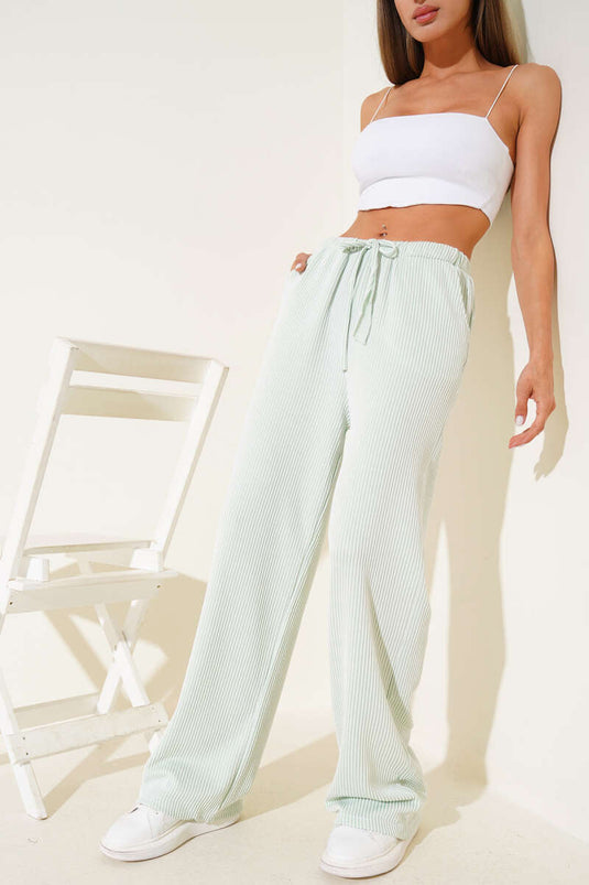Striped Elastic Waist Trousers, Aqua Green