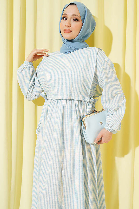 Robe à bretelles avec taille élastique rayée Bleu bébé