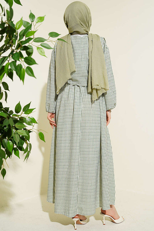 Vestito con dettaglio gilet a righe e vita elasticizzata verde kaki