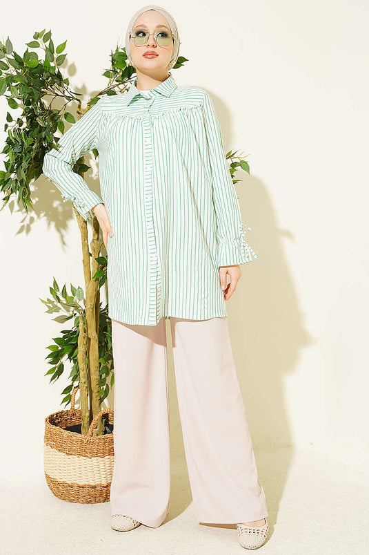 Camicia Verde A Righe Con Polsino Elastico