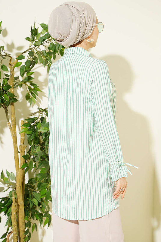 Camicia Verde A Righe Con Polsino Elastico