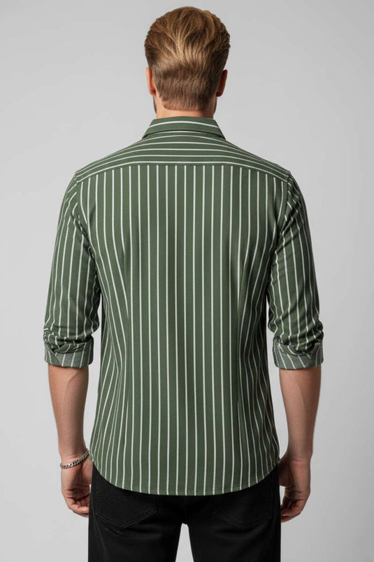 Çizgili Bilek Manşetli Erkek Gömlek Haki