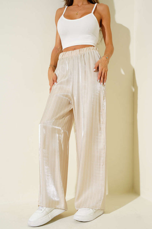 Striped Wide Leg Shiny Satin Trousers Beige