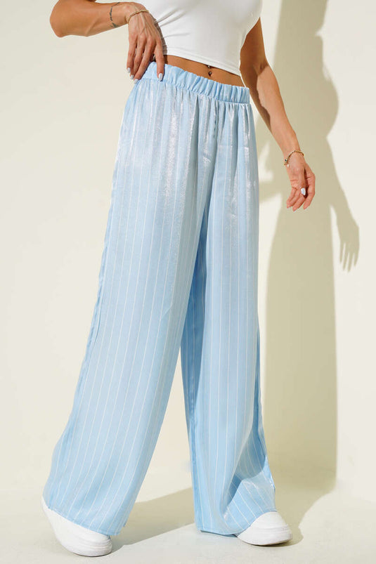 Gestreepte wijde satijnen broek in blauw