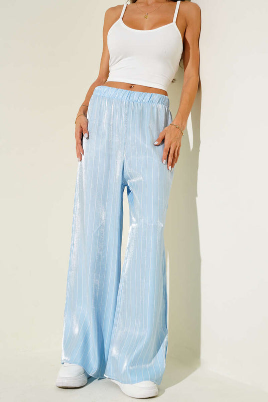 Gestreepte wijde satijnen broek in blauw