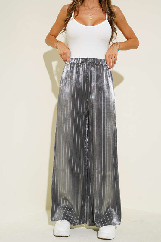 Striped Wide Leg Shiny Satin Trousers Black