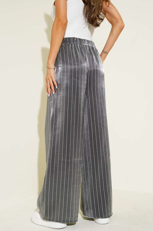 Striped Wide Leg Shiny Satin Trousers Black