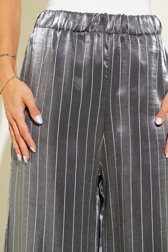Striped Wide Leg Shiny Satin Trousers Black