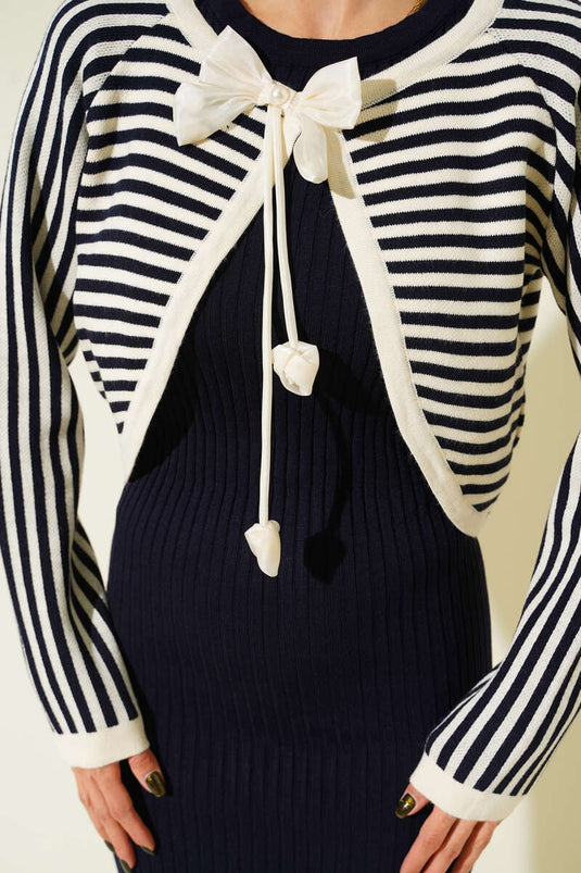 طقم بوليرو مخطط من قطعتين، أزرق داكن