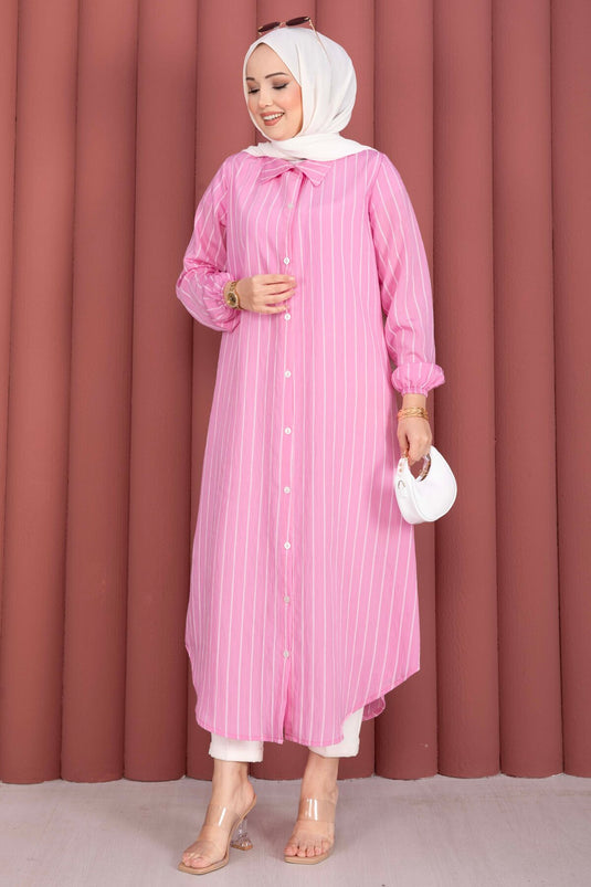 Çizgili Boydan Düğmeli Gömlek Tunik Pembe