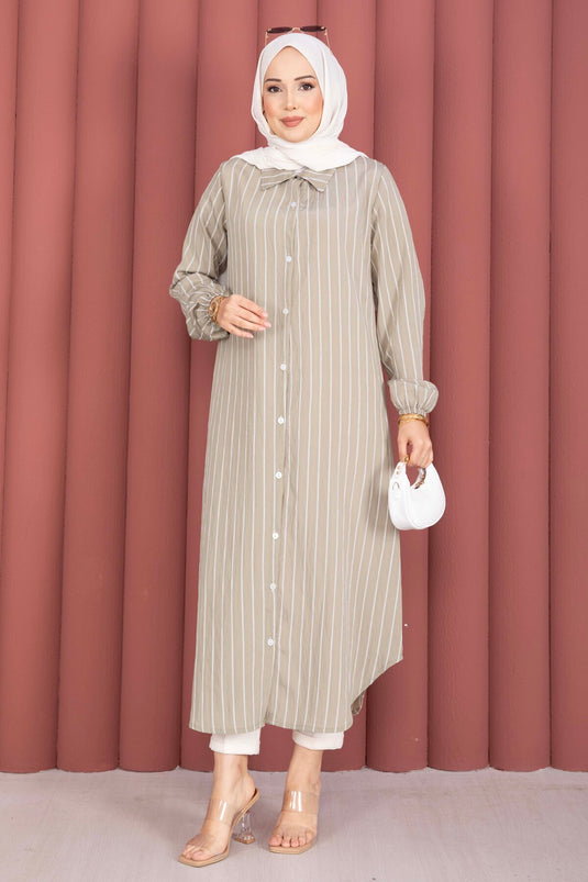 Striped Full-Length Buttoned Shirt Tunic Green Olive