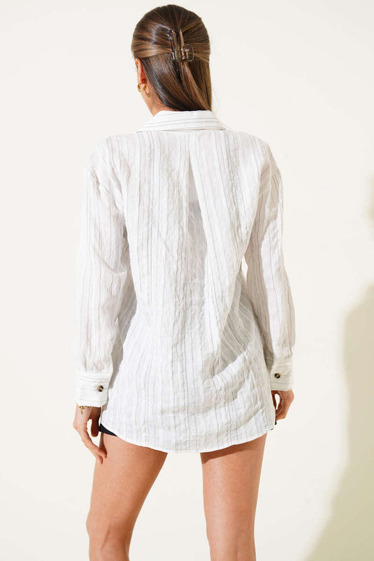 Chemise courte rayée à poches blanche