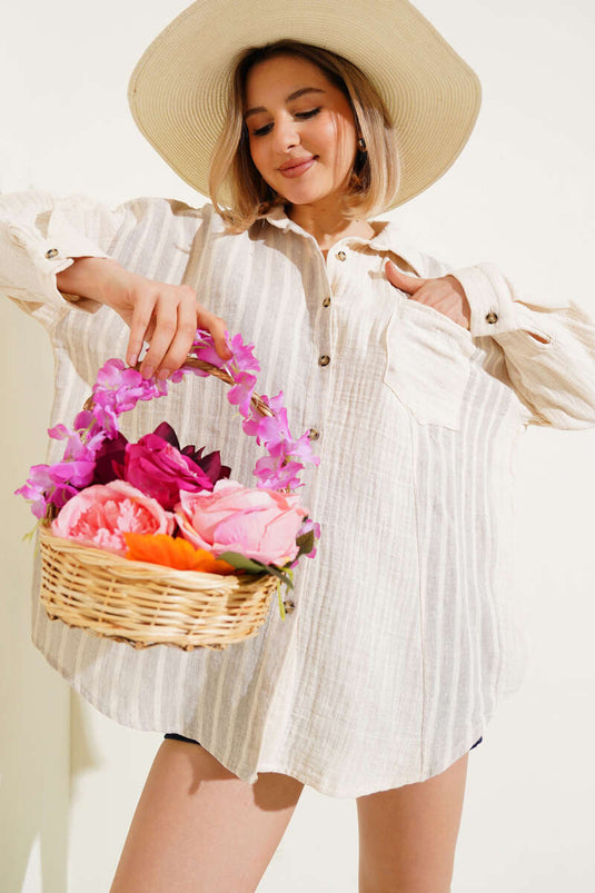 Chemise décontractée en lin à rayures et poches, couleur