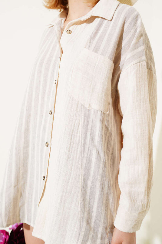 Chemise décontractée en lin à rayures et poches, couleur