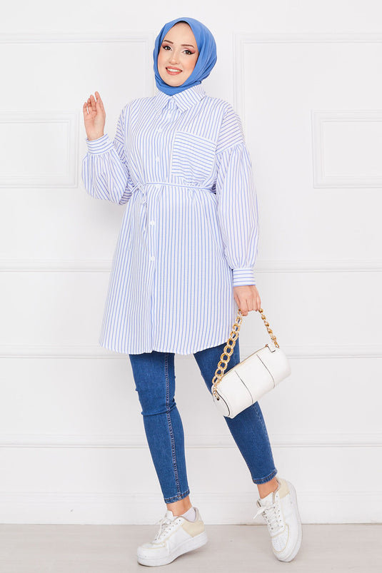 Striped Pocketed Modest Tunic Blue