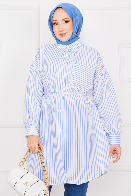 Striped Pocketed Modest Tunic Blue