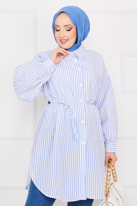 Striped Pocketed Modest Tunic Blue