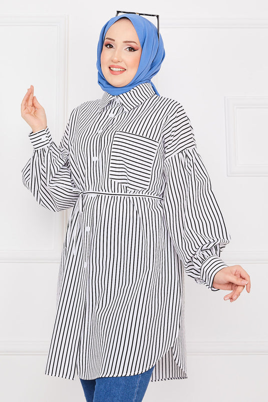 Striped Pocketed Modest Tunic Black