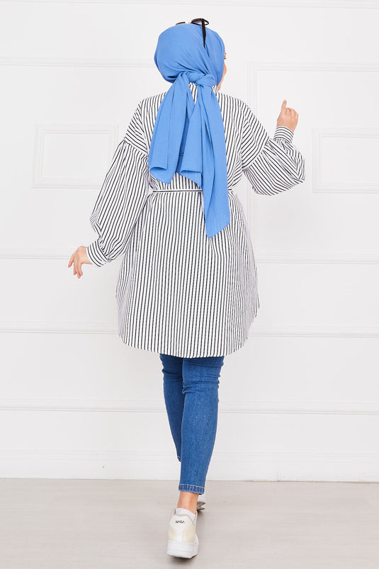 Striped Pocketed Modest Tunic Black