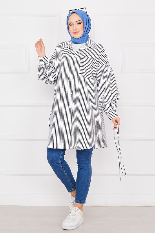 Striped Pocketed Modest Tunic Black