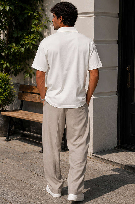 Çizgili Çıtçıtlı Polo Yaka Erkek T-shirt Ekru