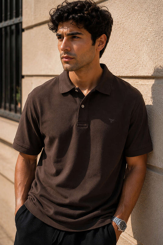 Çizgili Çıtçıtlı Polo Yaka Erkek T-shirt Kahve