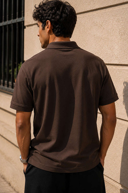 Çizgili Çıtçıtlı Polo Yaka Erkek T-shirt Kahve