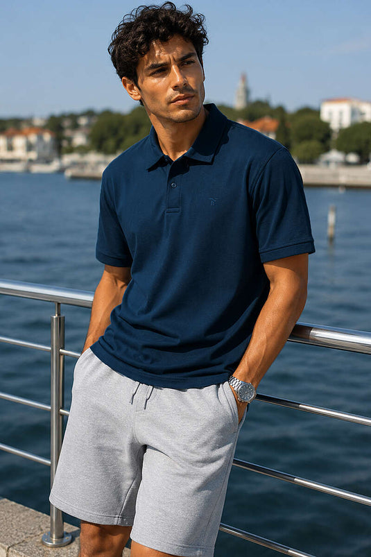 Çizgili Çıtçıtlı Polo Yaka Erkek T-shirt Lacivert