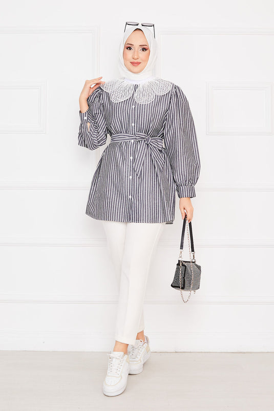 Striped Lace Collar Modest Shirt Anthracite