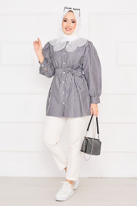 Striped Lace Collar Modest Shirt Anthracite