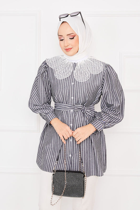 Striped Lace Collar Modest Shirt Anthracite