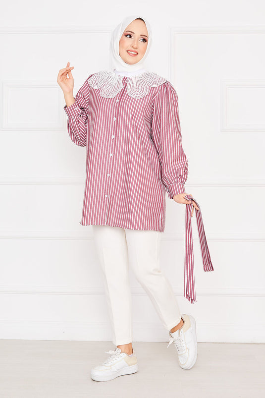 Striped Lace Collar Modest Shirt Burgundy