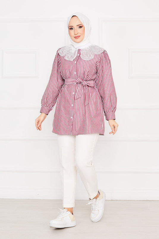 Striped Lace Collar Modest Shirt Burgundy