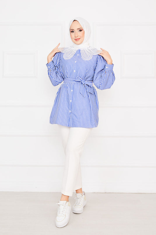 Striped Lace Collar Modest Shirt Indigo