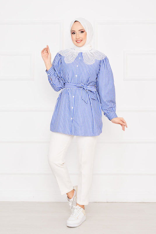 Striped Lace Collar Modest Shirt Indigo